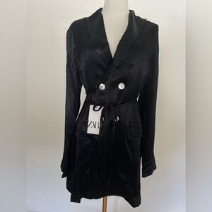 NWT Zara Black Satin Shiny Double Breasted Long Blazer with Waist Tie Small